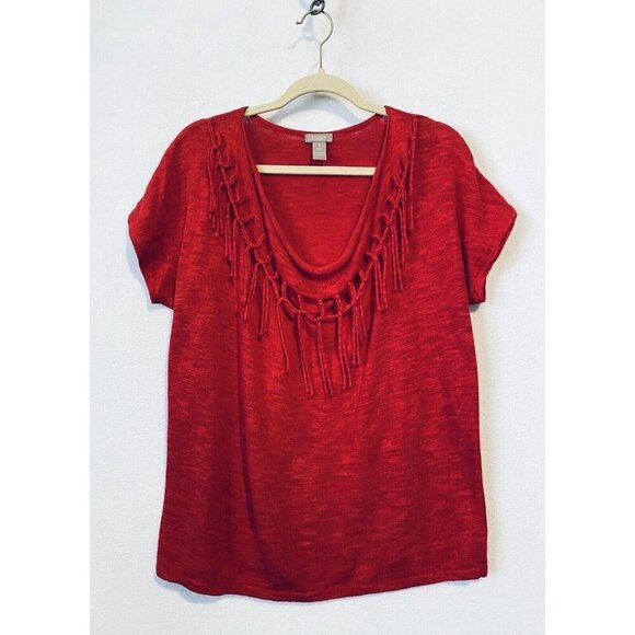 Chicos 1 Sweater Womens Medium 8 Cowl Neck Fringe Short Sleeve Red Cotton Boho - Picture 1 of 6